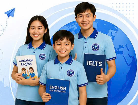 Ba học viên Gia Minh cùng sách tiếng Anh và quả địa cầu
